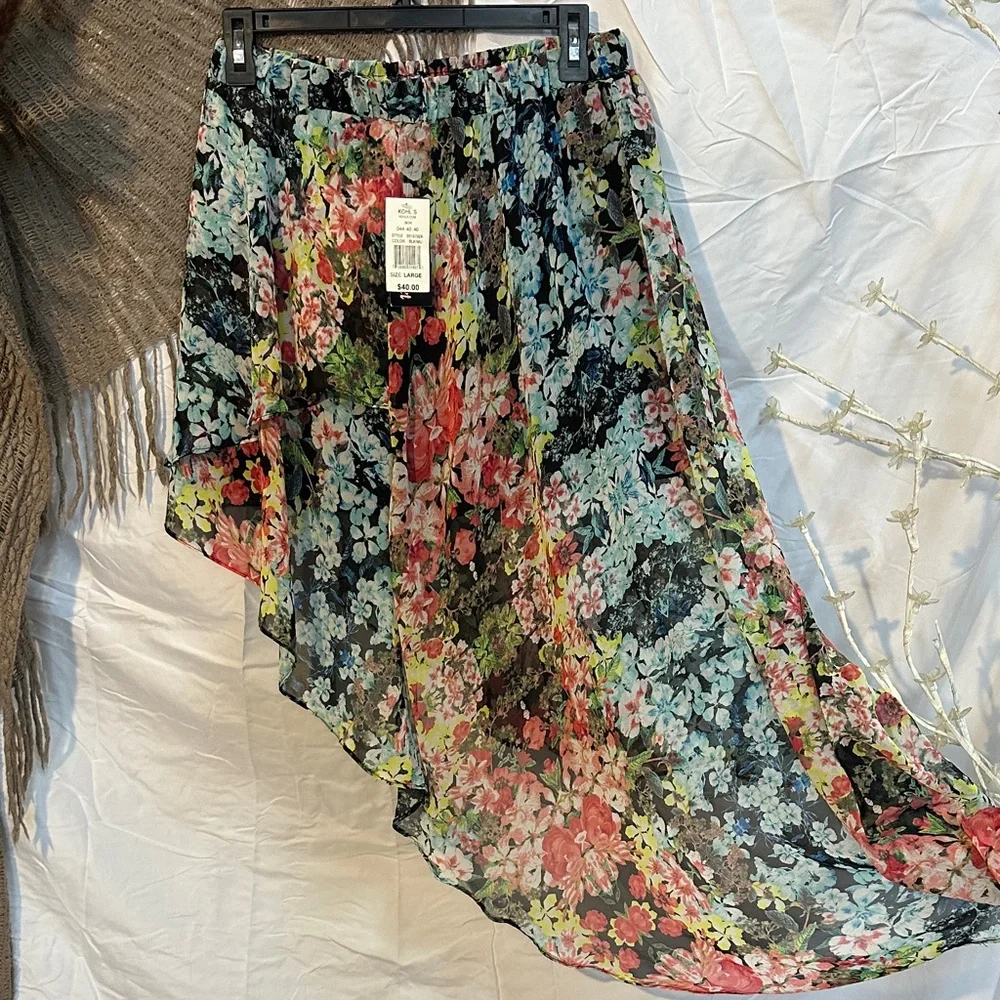 Zara Black Floral High-Low Chiffon Skirt with Multicolor Blooms - Picture 2 of 5